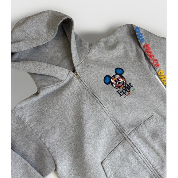 Vtg Disney Epcot One Mouse One World Grey Zip Up Hoodie Sweatshirt Size Small - Picture 7 of 8